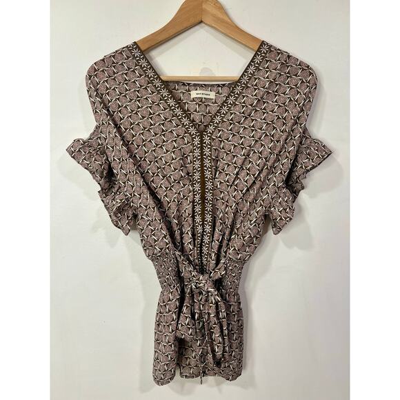 Max Studio Women's Blouse V Neck Ruffle Sleeve Tie Waist Business Casual Medium - Picture 2 of 7